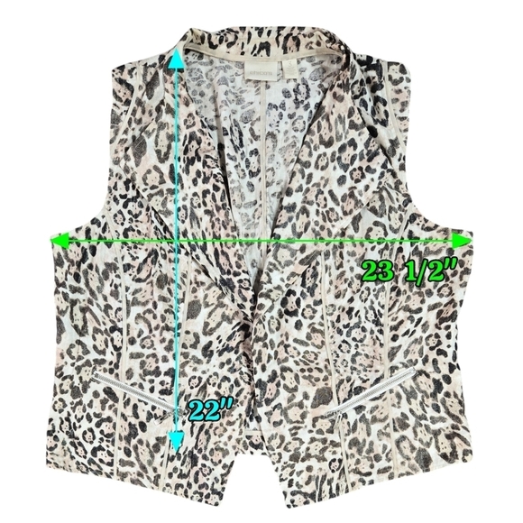 Chico's Linen Blend Leopard Print Open Front Vest Zip Pockets Shimmering - Picture 4 of 10